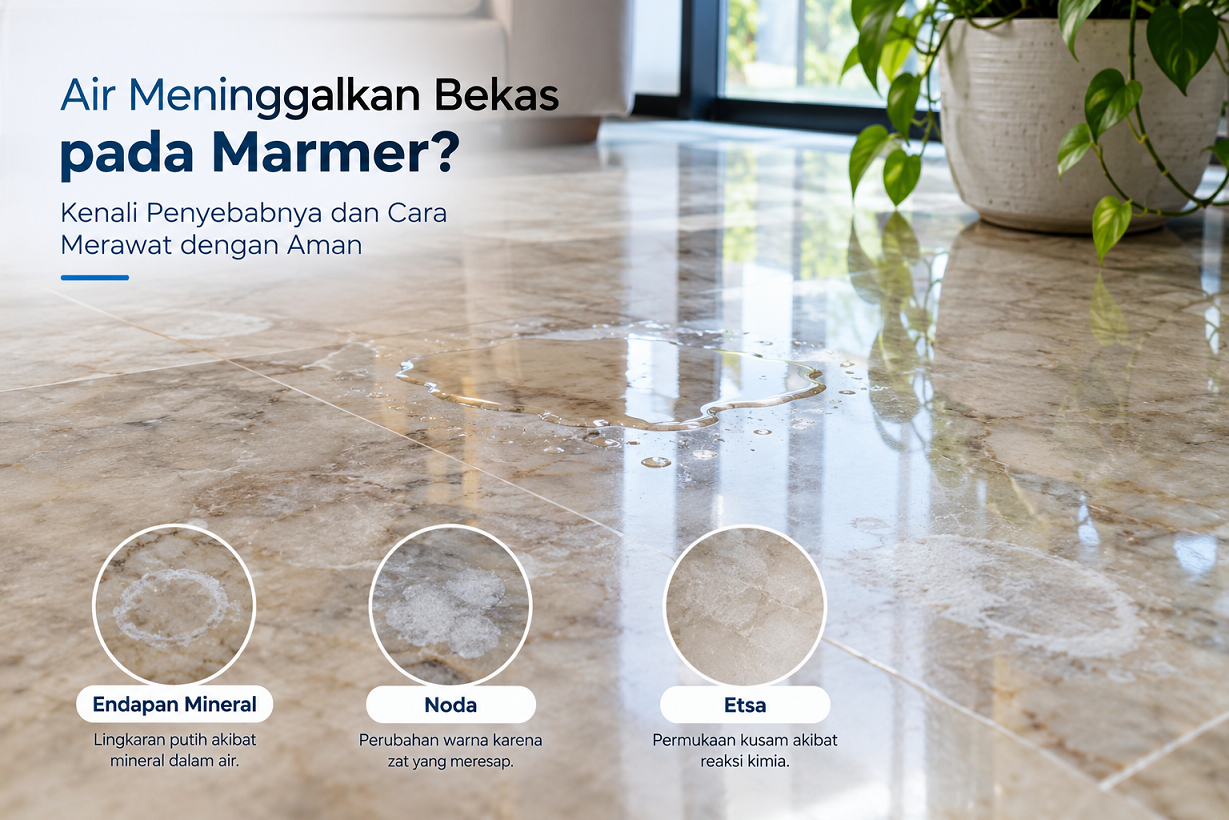 Air meninggalkan bekas putih pada lantai marmer akibat endapan mineral, noda, dan etsa.
