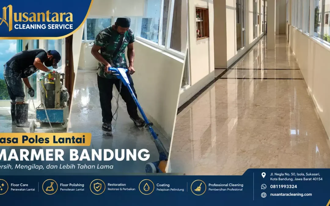 Jasa poles lantai marmer Bandung oleh Nusantara Cleaning dengan proses pemolesan profesional dan hasil lantai mengilap.