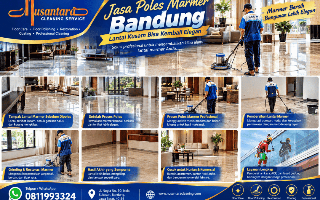 Jasa poles marmer Bandung profesional oleh Nusantara Cleaning untuk mengembalikan kilau alami lantai marmer.