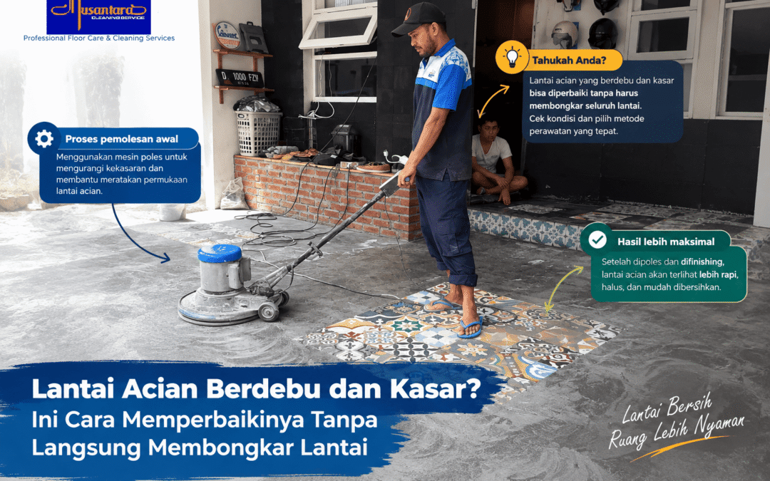Proses pemolesan awal lantai acian berdebu dan kasar menggunakan mesin poles lantai