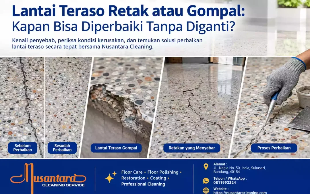 Lantai teraso retak dan gompal serta proses perbaikan untuk menentukan apakah lantai masih bisa diperbaiki tanpa diganti.