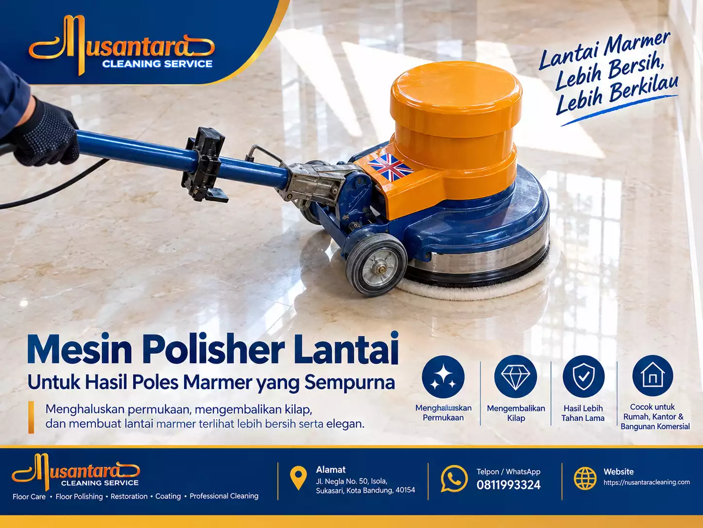 Mesin polisher lantai untuk proses poles marmer oleh Nusantara Cleaning Bandung.