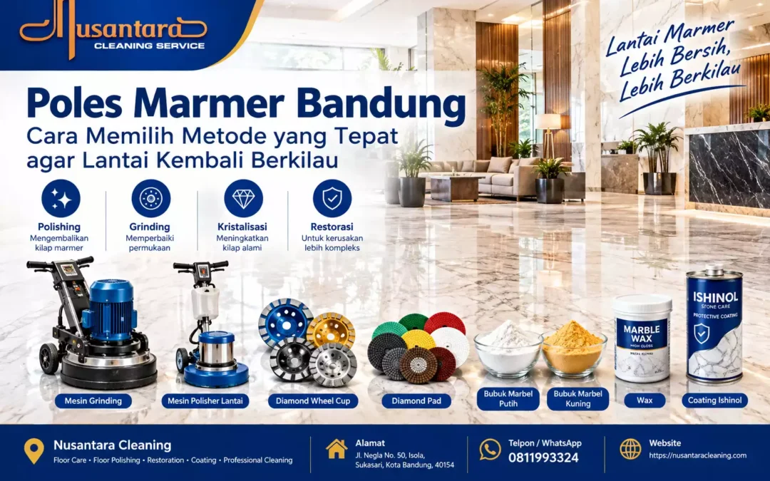 Peralatan dan bahan poles marmer Bandung berupa mesin grinding, mesin polisher lantai, diamond wheel cup, diamond pad, bubuk marmer putih dan kuning, wax, serta coating Ishinol.
