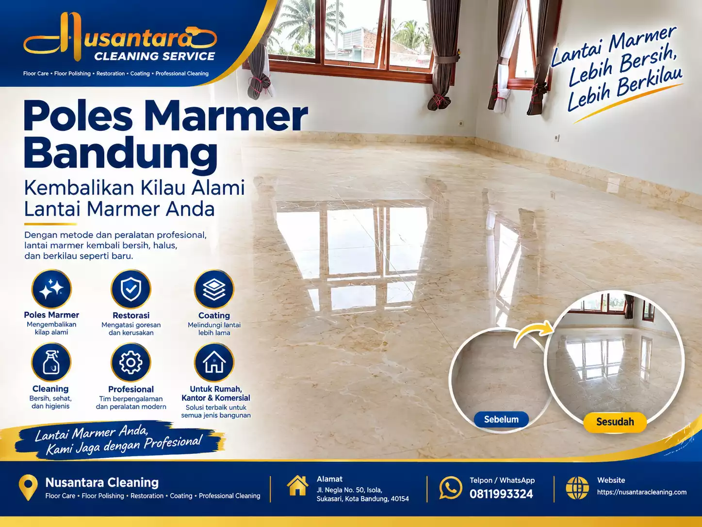 Lantai marmer mengilap setelah perawatan poles marmer oleh Nusantara Cleaning Bandung