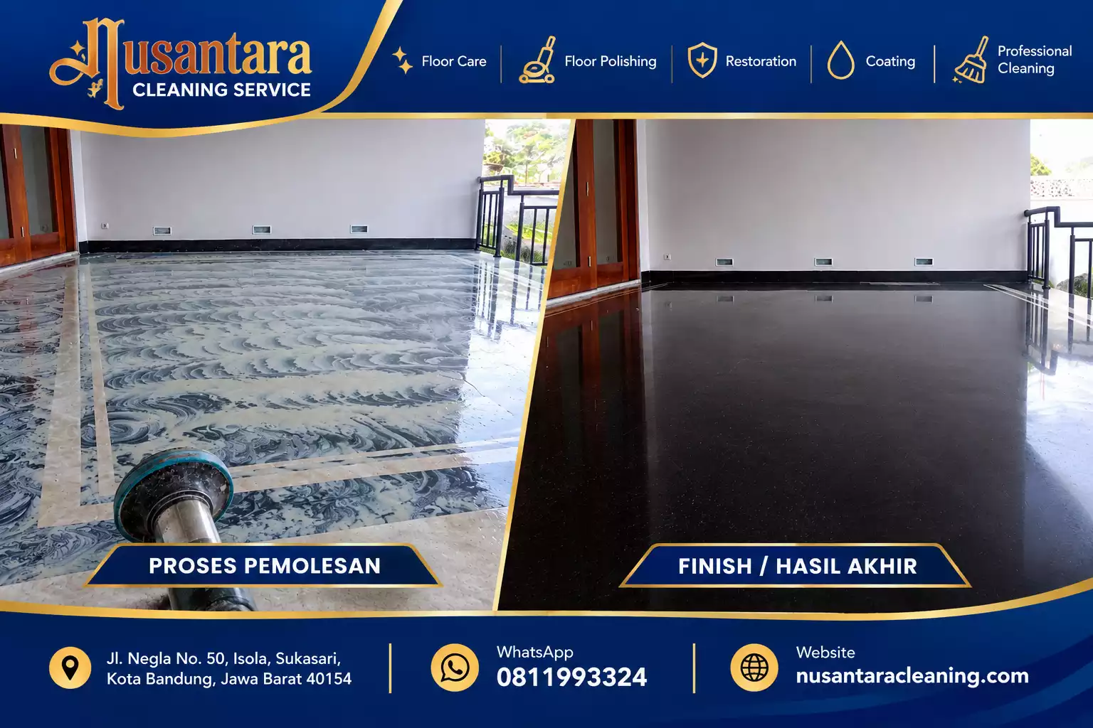 Proses dan hasil akhir poles lantai granit oleh Nusantara Cleaning Bandung