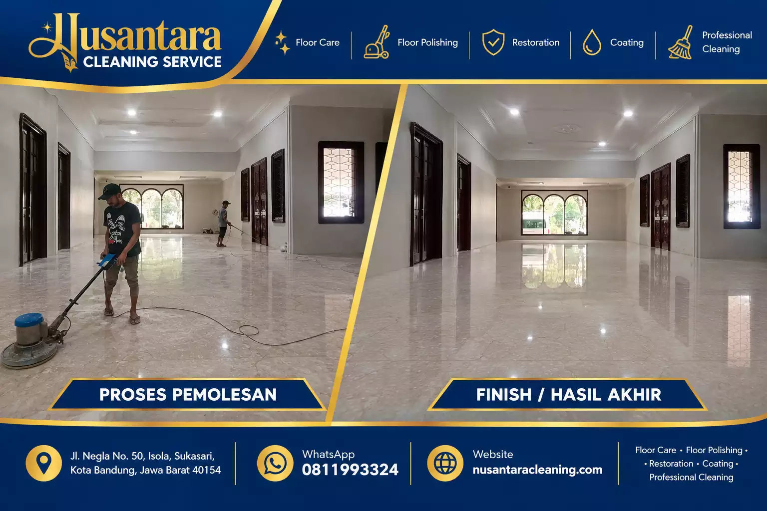 Proses dan hasil akhir poles lantai teraso oleh Nusantara Cleaning di Bandung